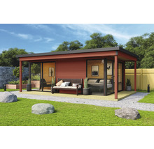 Modernes Gartenhaus mit Terrasse, Sitzbank und Bepflanzung im Garten.