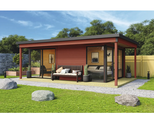 Modernes Gartenhaus mit Terrasse, Sitzbank und Bepflanzung im Garten.