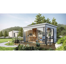 Modernes Gartenhaus mit Schiebetüren und Büroausstattung im Garten