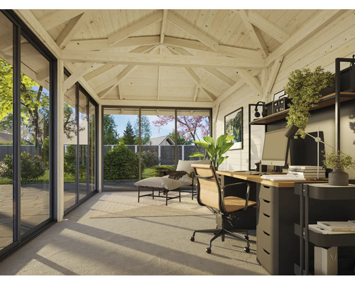 Helles Gartenhaus mit Arbeitsplatz und großen Fensterflächen