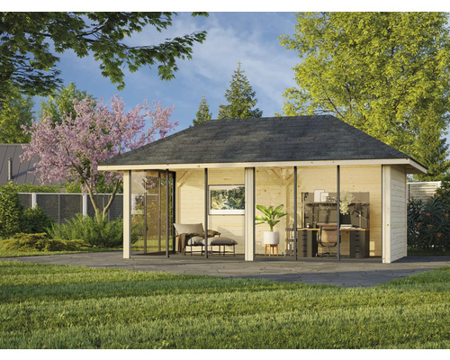 Garten mit modernem Gartenhaus mit Glasfront, Sitzbereich und Arbeitsplatz