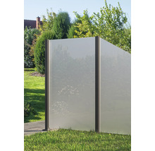 Gartenszene mit Sichtschutzzaun aus Glas und Metall