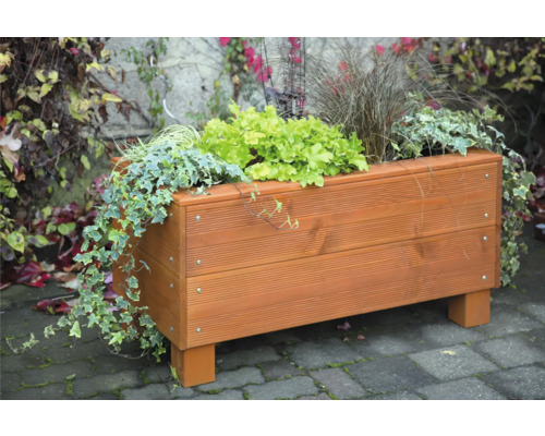Holzpflanzkasten mit Bepflanzung im Garten