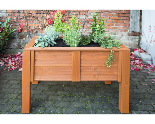 Hochbeet aus Holz mit Bepflanzung im Garten