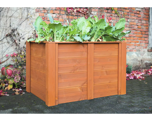 Hochbeet aus Holz mit Bepflanzung im Garten