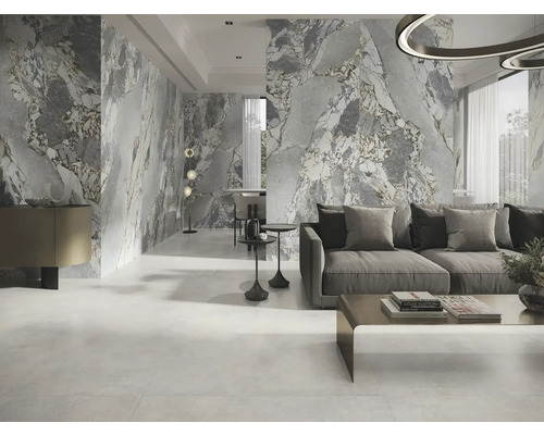 Wohnzimmer mit Marmorwand und Fliesenboden für ein modernes Raumdesign