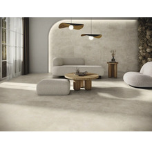 Wohnzimmer mit Bodenfliesen, Sofa, Sessel, Tisch und Dekoration