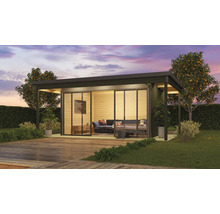 Modernes Gartenhaus mit Schiebetüren und Holzterrasse in heller, freundlicher Atmosphäre