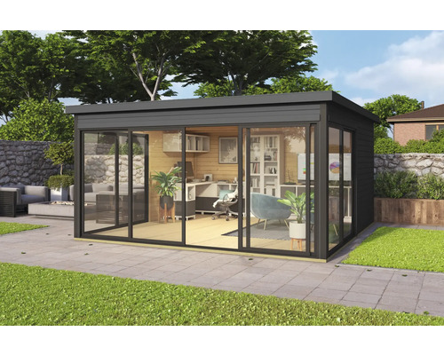 Gartenhaus Outdoor Life Domeo 5 inkl. Fußboden 437,6 x 437,6 cm carbongrau-anthrazit Modernes Gartenhaus mit großen Glasfronten und Büroeinrichtung im Außenbereich.