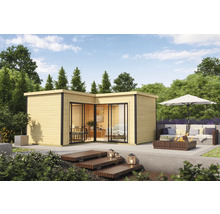 Modernes Gartenhaus mit Terrasse und Sitzbereich unter einem Sonnenschirm