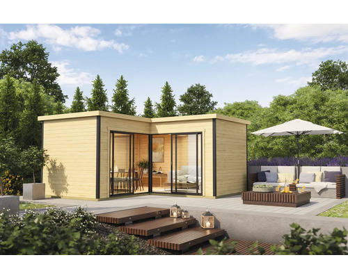 Modernes Gartenhaus mit Terrasse und Sitzbereich unter einem Sonnenschirm