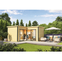 Modernes Gartenhaus mit Büroausstattung und Sitzbereich im Freien