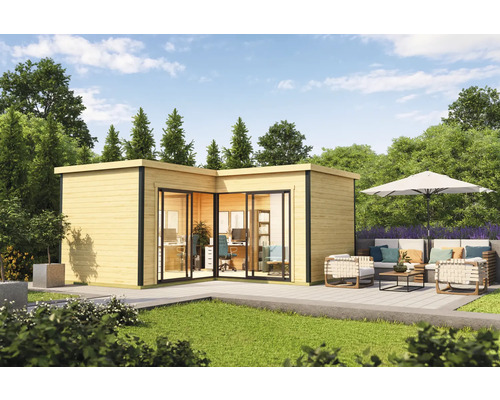 Modernes Gartenhaus mit Büroausstattung und Sitzbereich im Freien