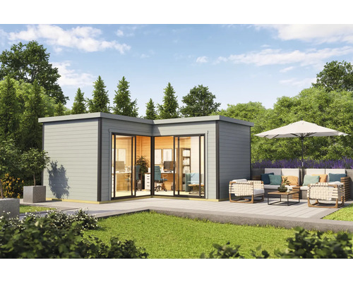 Modernes Gartenbüro mit Glasfront und Terrasse mit Sitzgelegenheit im Grünen.