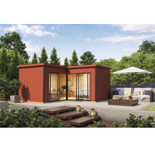 Modernes Gartenhaus mit Terrasse und Sitzgruppe im Freien.