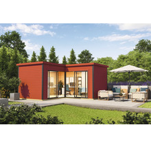 Modernes Gartenbüro mit Terrasse und Büromöbeln im Freien.