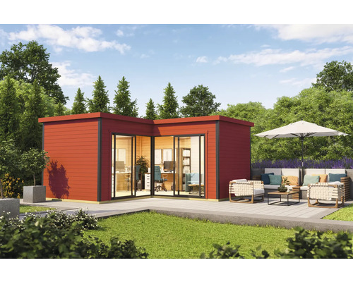 Modernes Gartenbüro mit Terrasse und Büromöbeln im Freien.