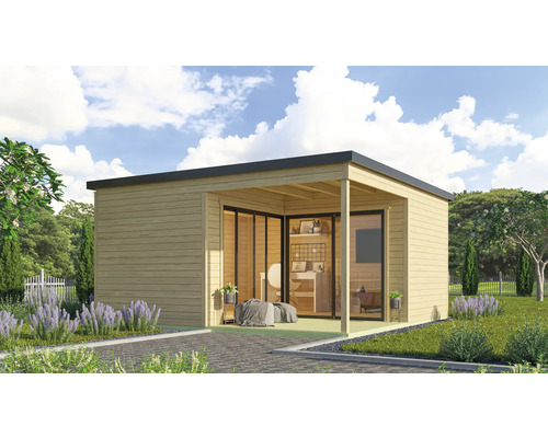 Modernes Gartenhaus mit Terrasse und Schiebetüren im Garten