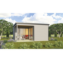 Gartenhaus mit Glasfront und Flachdach im Garten