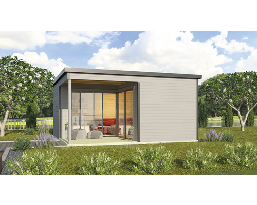 Gartenhaus mit Glasfront und Flachdach im Garten