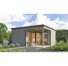 Modernes Gartenhaus mit Glasfront und überdachter Terrasse im Garten