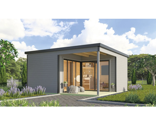 Modernes Gartenhaus mit Glasfront und überdachter Terrasse im Garten