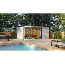 Modernes Gartenhaus mit Terrasse und Pool für den Aussenbereich.