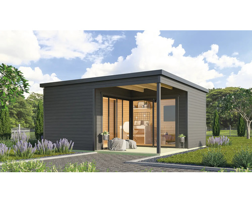 Modernes Gartenhaus mit Terrasse und großen Glasfronten, umgeben von Grün