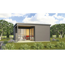 Modernes Gartenhaus mit Glasfront und Terrasse im Garten.