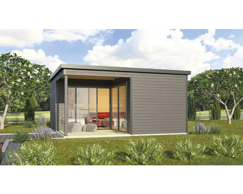 Modernes Gartenhaus mit Glasfront und Terrasse im Garten.