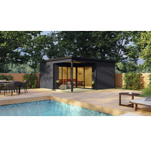 Garten mit Pool, Terrasse und modernem Gartenhaus mit Glasfront