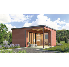 Modernes Gartenhaus mit Flachdach, Terrasse und Schiebetüren