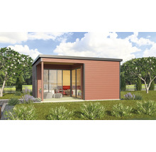 Modernes Gartenhaus mit Holzfassade und großer Glasfront im Garten.