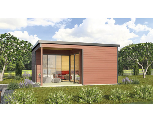 Modernes Gartenhaus mit Holzfassade und großer Glasfront im Garten.