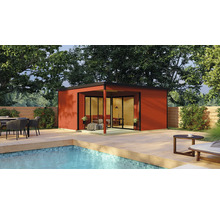 Modernes Gartenhaus mit Terrasse und Pool im Garten.