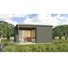 Modernes Gartenhaus mit Glasfront und Flachdach im gepflegten Garten