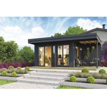 Modernes Gartenhaus mit Terrasse und geöffneten Doppeltüren, umgeben von einem gepflegten Garten