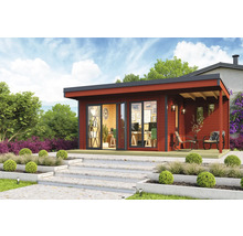 Modernes Gartenhaus mit Terrasse, Glastüren und dekorativer Gartengestaltung