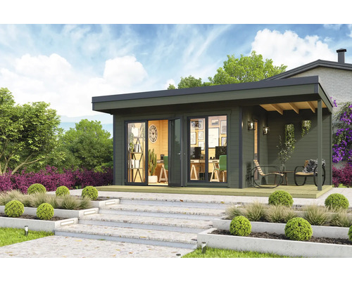 Gartenhaus Outdoor Life Domeo 7 inkl. Fußboden 608,6 x 393,6 cm graugrün-anthrazit Modernes Gartenhaus mit Büro und überdachter Terrasse
