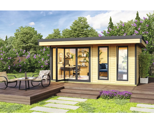 Gartenhaus Outdoor Life Domeo 8 inkl. Fußboden 560 x 489,2 cm natur-anthrazit Modernes Gartenhaus mit Terrasse und Büroeinrichtung im Garten