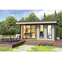 Modernes Gartenhaus mit Terrasse und Büromöbeln in grüner Umgebung