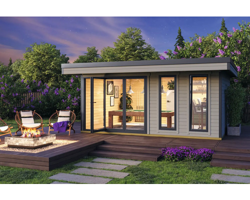 Modernes Gartenhaus mit Billardtisch, Feuerstelle und Sitzecke auf der Terrasse