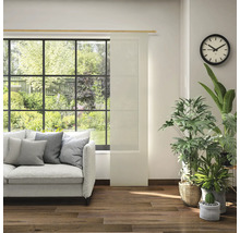 Wohnzimmer mit Sofa, Zimmerpflanzen, Uhr und Schiebegardine vor dem Fenster