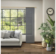 Wohnzimmer mit Schiebegardine am Fenster, Sofa und Zimmerpflanzen