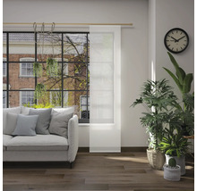 Wohnzimmer mit Sofa, Zimmerpflanzen, Uhr und Schiebegardine vor dem Fenster