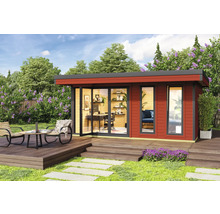 Modernes Gartenhaus mit Terrasse, Büromöbeln und Gartensitzgruppe in einem gepflegten Garten.