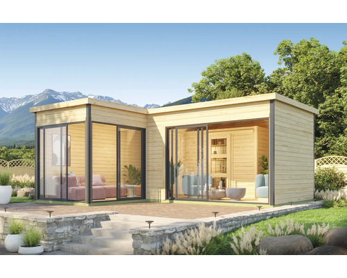 Modernes Gartenhaus mit großen Glasflächen und Terrasse im Außenbereich.