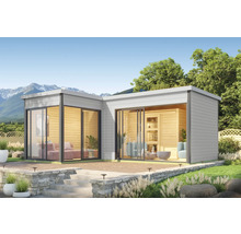 Modernes Gartenhaus mit großen Glasflächen und Holzverkleidung im Außenbereich.