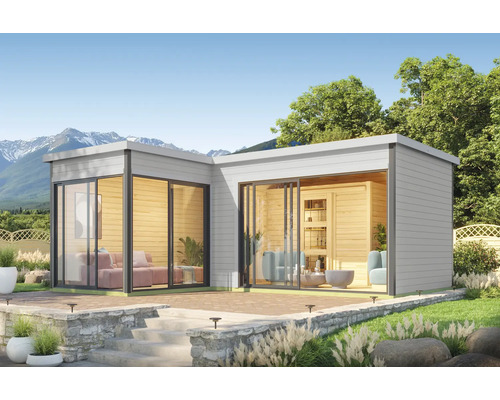 Modernes Gartenhaus mit großen Glasflächen und Holzverkleidung im Außenbereich.