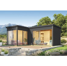 Modernes Gartenhaus mit großen Glasfronten und dunkler Holzverkleidung, umgeben von Gartenlandschaft